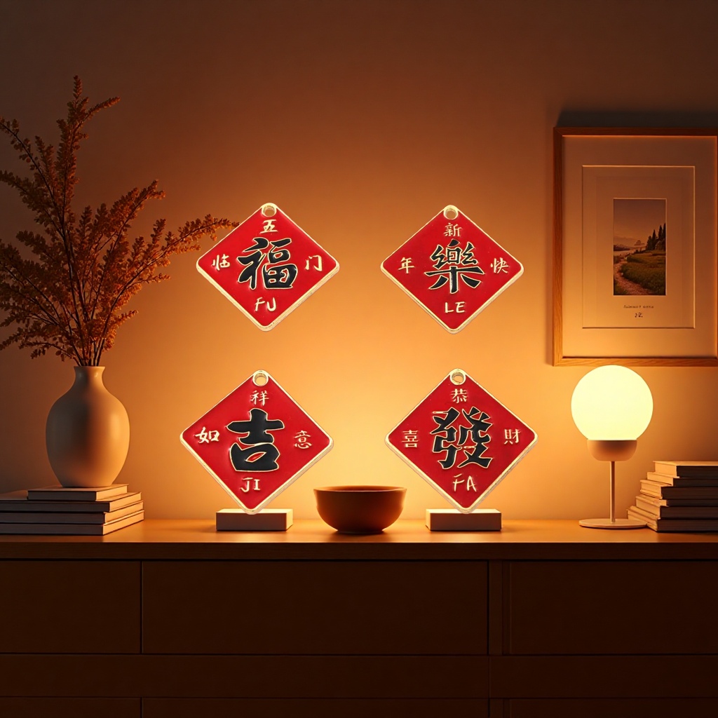 A red diamond-shaped tag with a golden border, black characters and a red background, featuring the auspicious Chinese pinyin of "Fu Le Ji Fa" details Picture