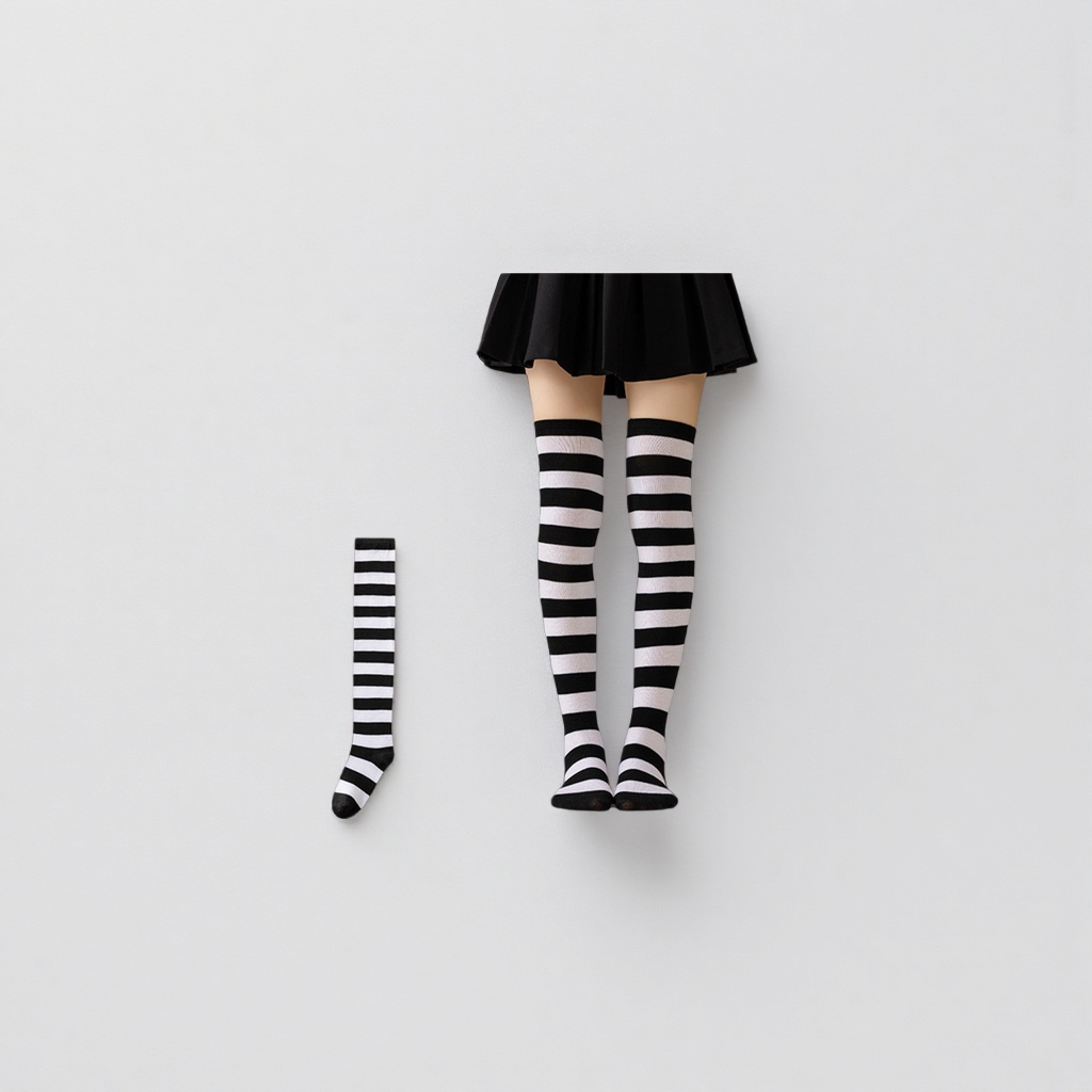 Black and white striped over-the-knee stockings for women, pure cotton stretch slimming thigh-high socks details Picture