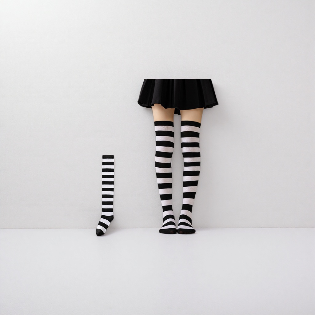 Black and white striped over-the-knee stockings for women, pure cotton stretch slimming thigh-high socks Specification image
