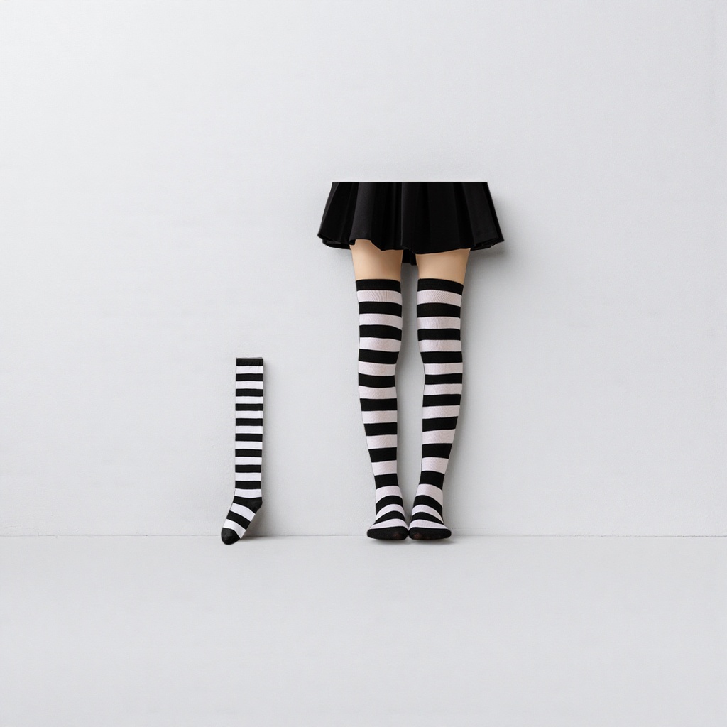 Black and white striped over-the-knee stockings for women, pure cotton stretch slimming thigh-high socks