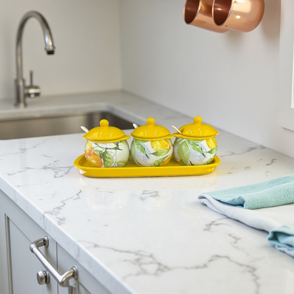 A set of three ceramic seasoning jars with lemon patterns on a yellow tray Application Scenario