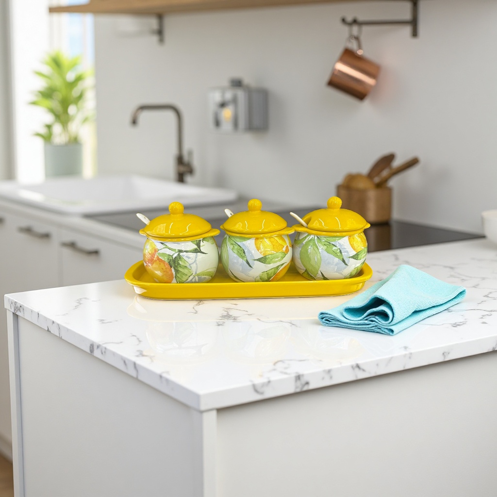 A set of three ceramic seasoning jars with lemon patterns on a yellow tray details Picture