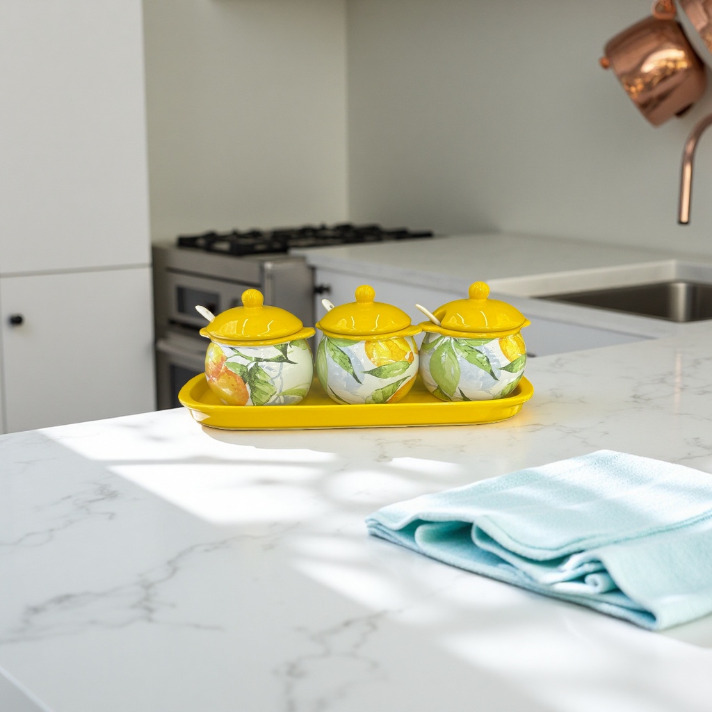 A set of three ceramic seasoning jars with lemon patterns on a yellow tray