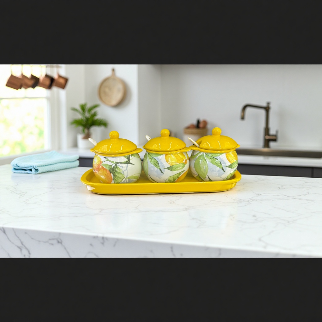 A set of three ceramic seasoning jars with lemon patterns on a yellow tray Specification image