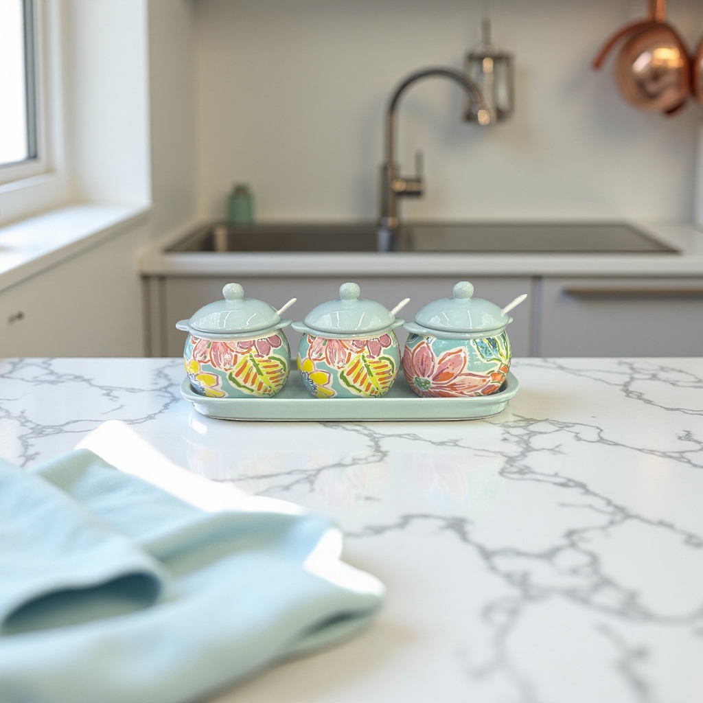 Three-piece set of colorful floral pattern covered seasoning jars, light green tray set, ceramic seasoning jars