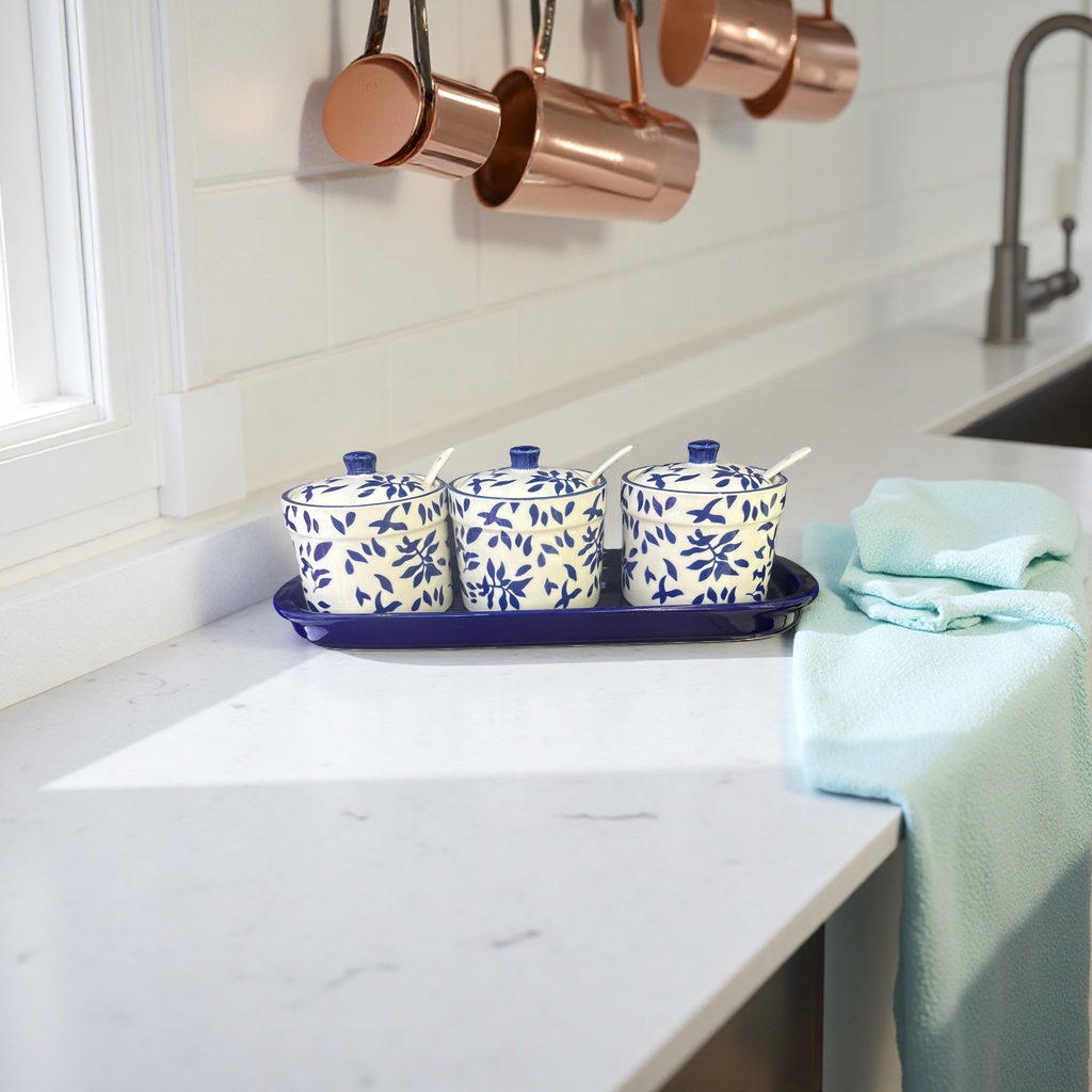 A three-piece set of blue and white leaf-patterned ceramic seasoning jars with a blue tray Specification image