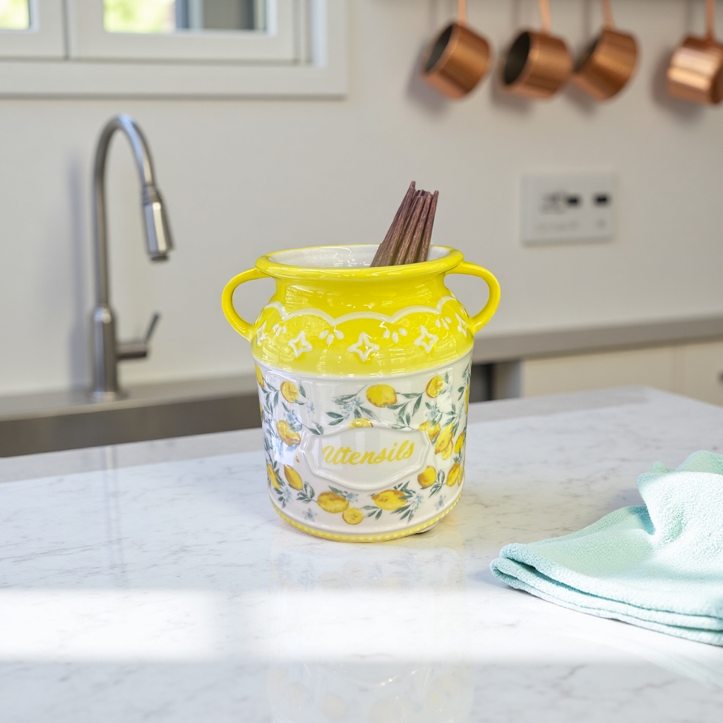 Yellow lemon patterned ceramic cutlery holder for household kitchen storage, canned chopsticks and spoons Application Scenario