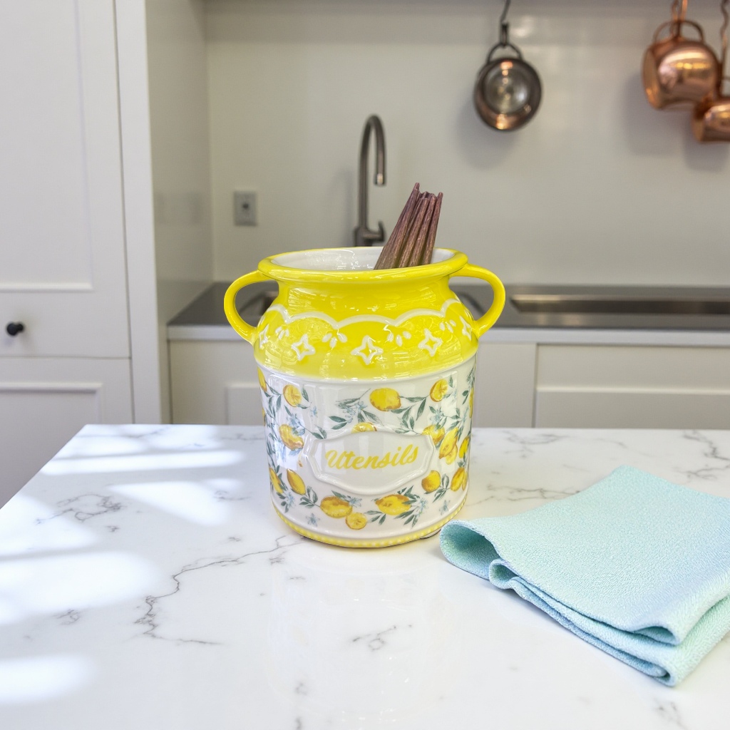 Yellow lemon patterned ceramic cutlery holder for household kitchen storage, canned chopsticks and spoons Specification image