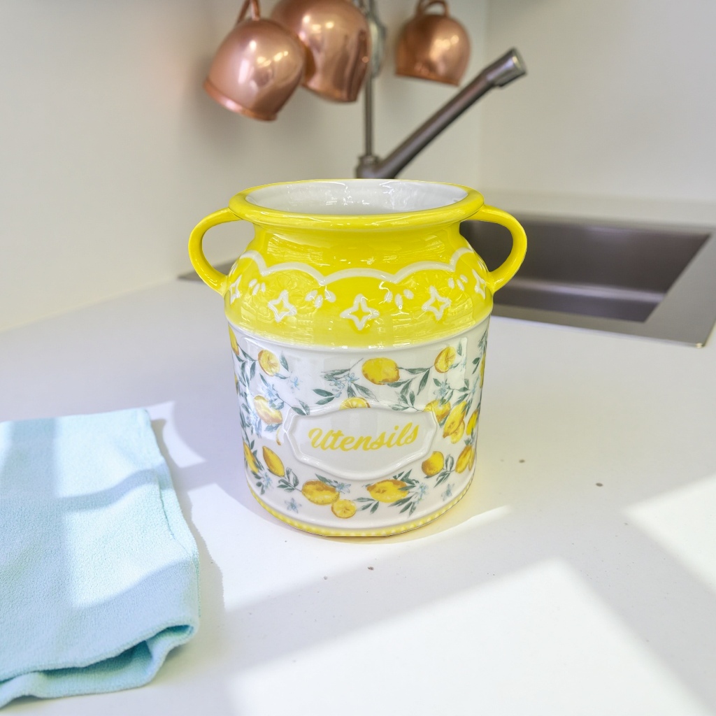Yellow lemon patterned ceramic cutlery holder for household kitchen storage, canned chopsticks and spoons details Picture