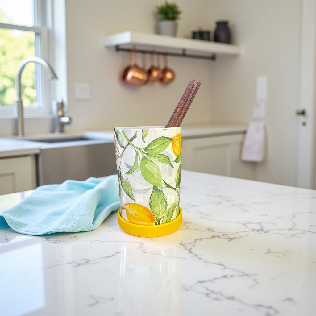 Lemon green leaf patterned ceramic chopstick holder, a household kitchen tableware storage rack Application Scenario