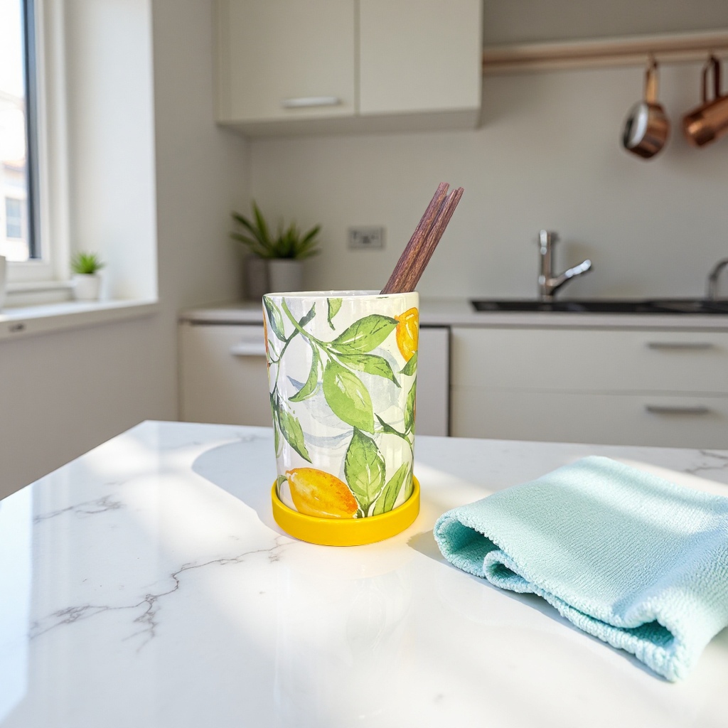 Lemon green leaf patterned ceramic chopstick holder, a household kitchen tableware storage rack