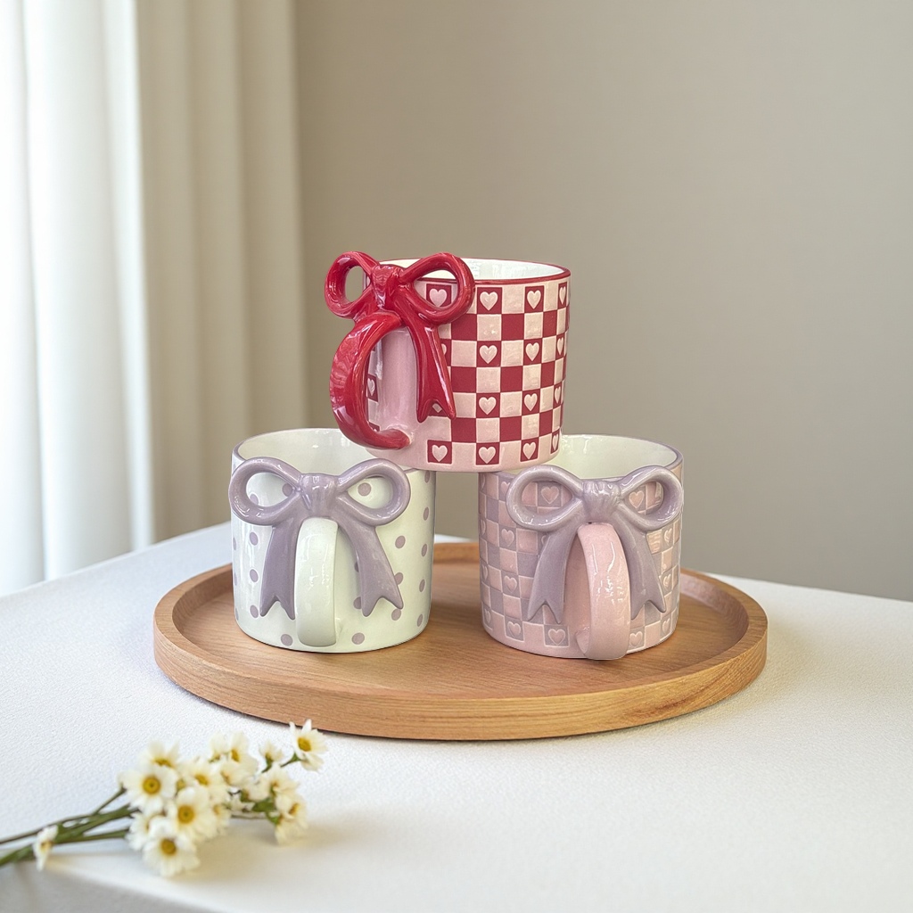 Red and white checkered heart-shaped pattern with a red bow, beige polka dots with a purple bow, and pinkish-purple checkered heart-shaped pattern with a purple bow mug Specification image
