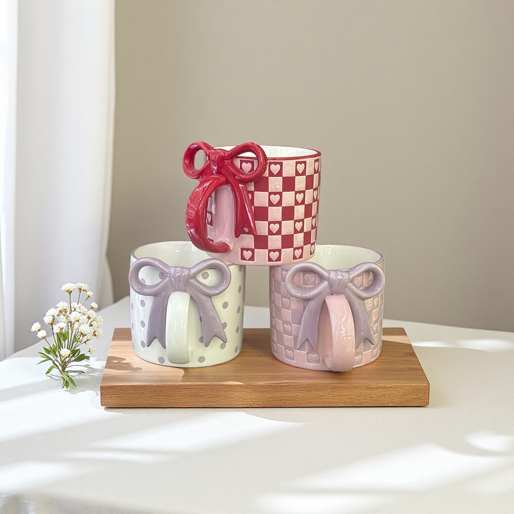 Red and white checkered heart-shaped pattern with a red bow, beige polka dots with a purple bow, and pinkish-purple checkered heart-shaped pattern with a purple bow mug