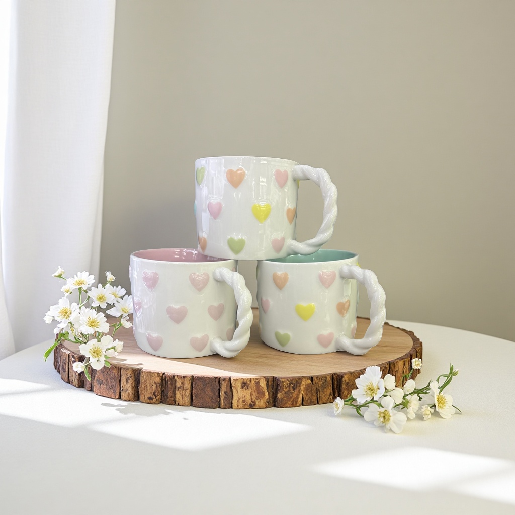 White heart-shaped patterned ceramic mug, ceramic water cup