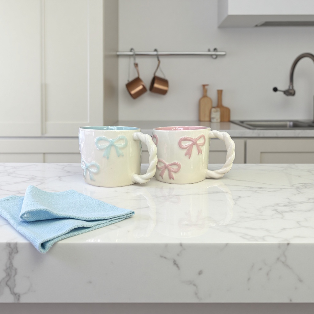 White ceramic cups with bow decoration and twisted rope handles, ceramic cups, water cups and mugs details Picture