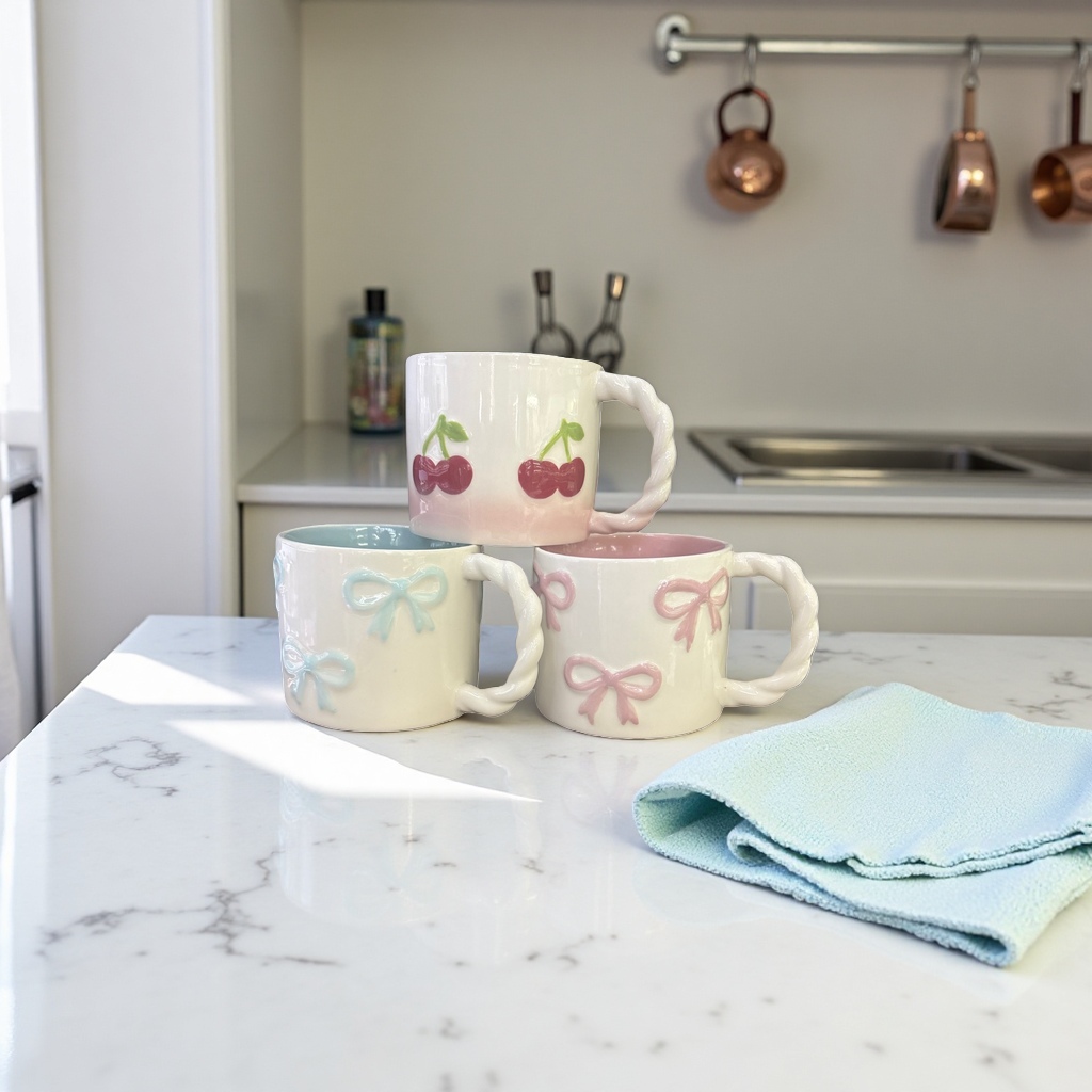 White ceramic cups with bow decoration and twisted rope handles, ceramic cups, water cups and mugs Specification image