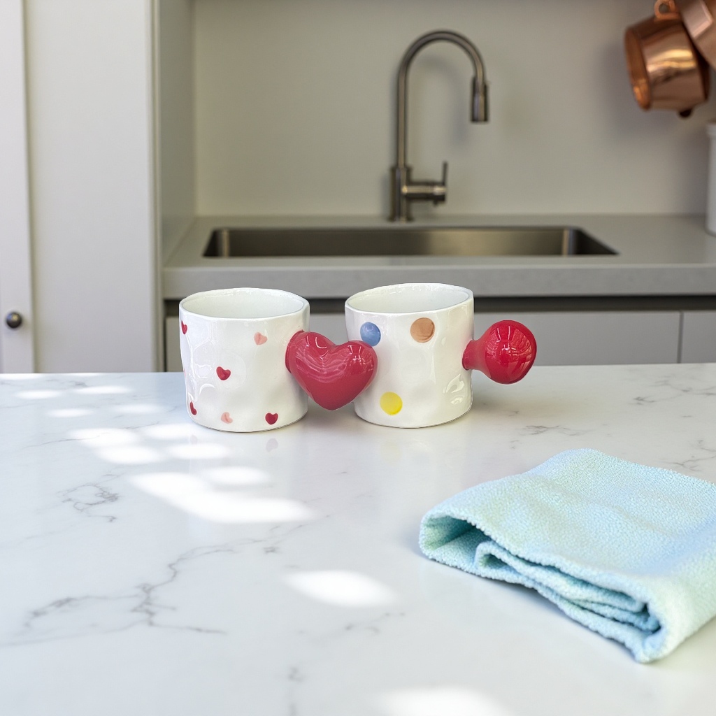 White heart-shaped pattern polka dot mug with red heart-shaped connectors, ceramic mug, water cup