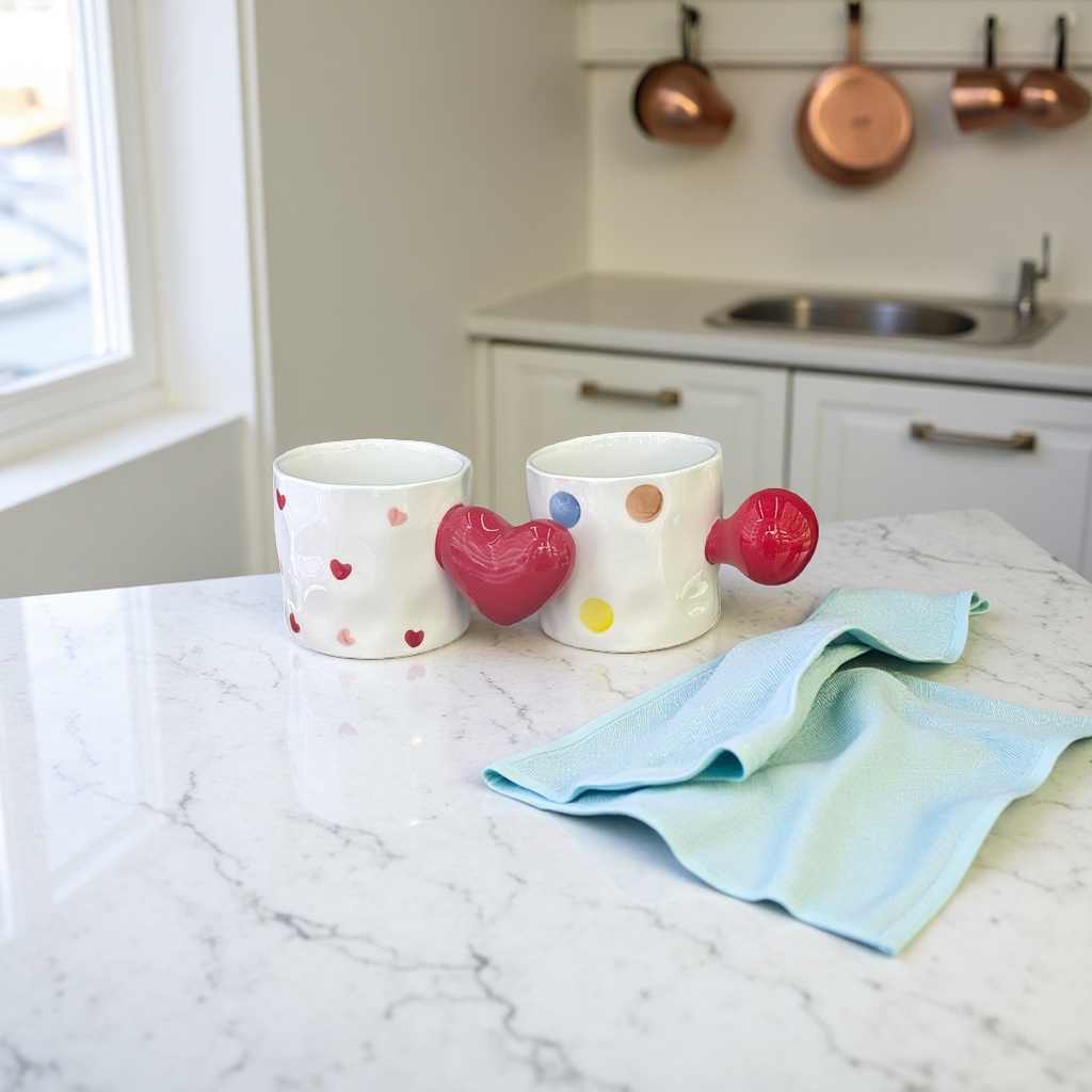 White heart-shaped pattern polka dot mug with red heart-shaped connectors, ceramic mug, water cup Specification image