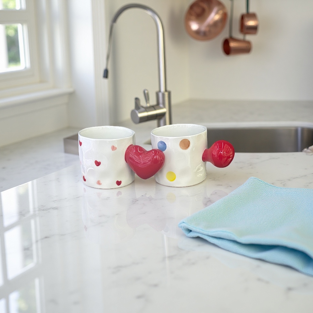 White heart-shaped pattern polka dot mug with red heart-shaped connectors, ceramic mug, water cup details Picture