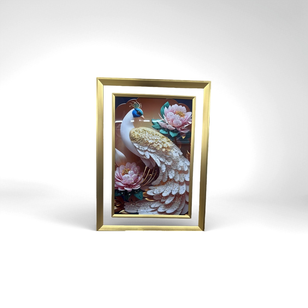 孔雀浮雕立体装饰画金色画框白羽蓝头配银金珠饰粉牡丹
