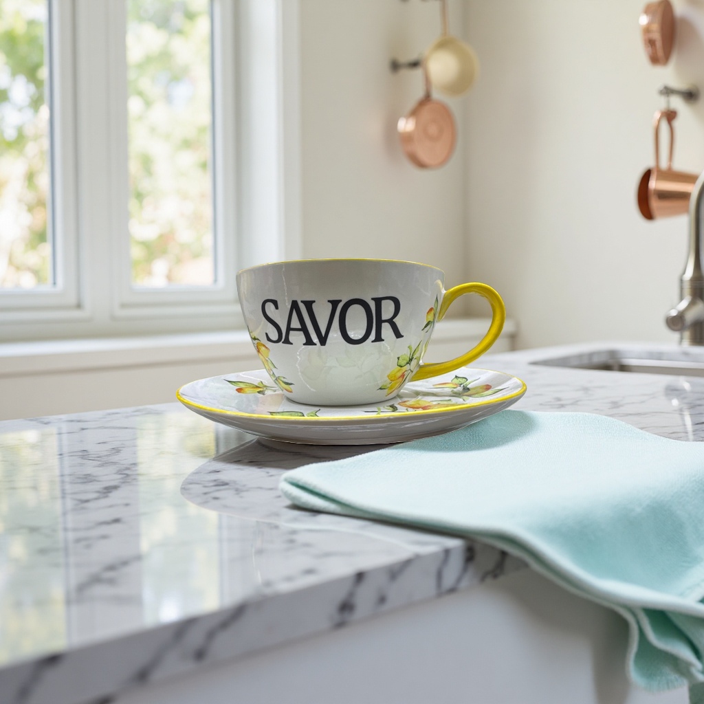 Yellow lemon patterned ceramic cups and saucers set, home coffee and tea set gift box details Picture