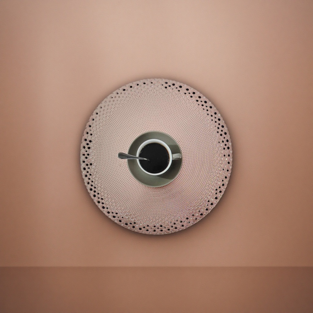 Pink hollowed-out round placemats with coffee cups and plates set home dining table decoration items Specification image