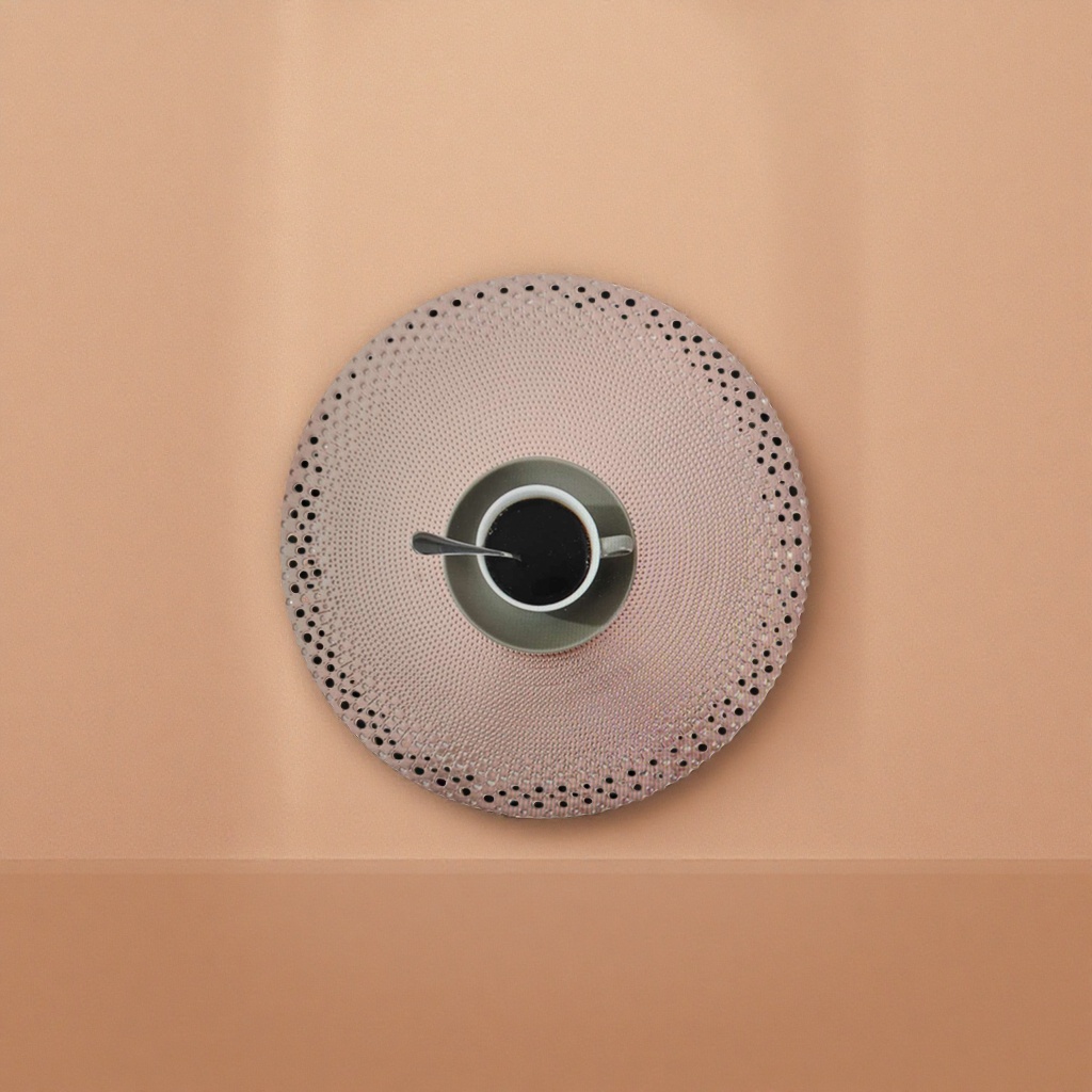 Pink hollowed-out round placemats with coffee cups and plates set home dining table decoration items details Picture