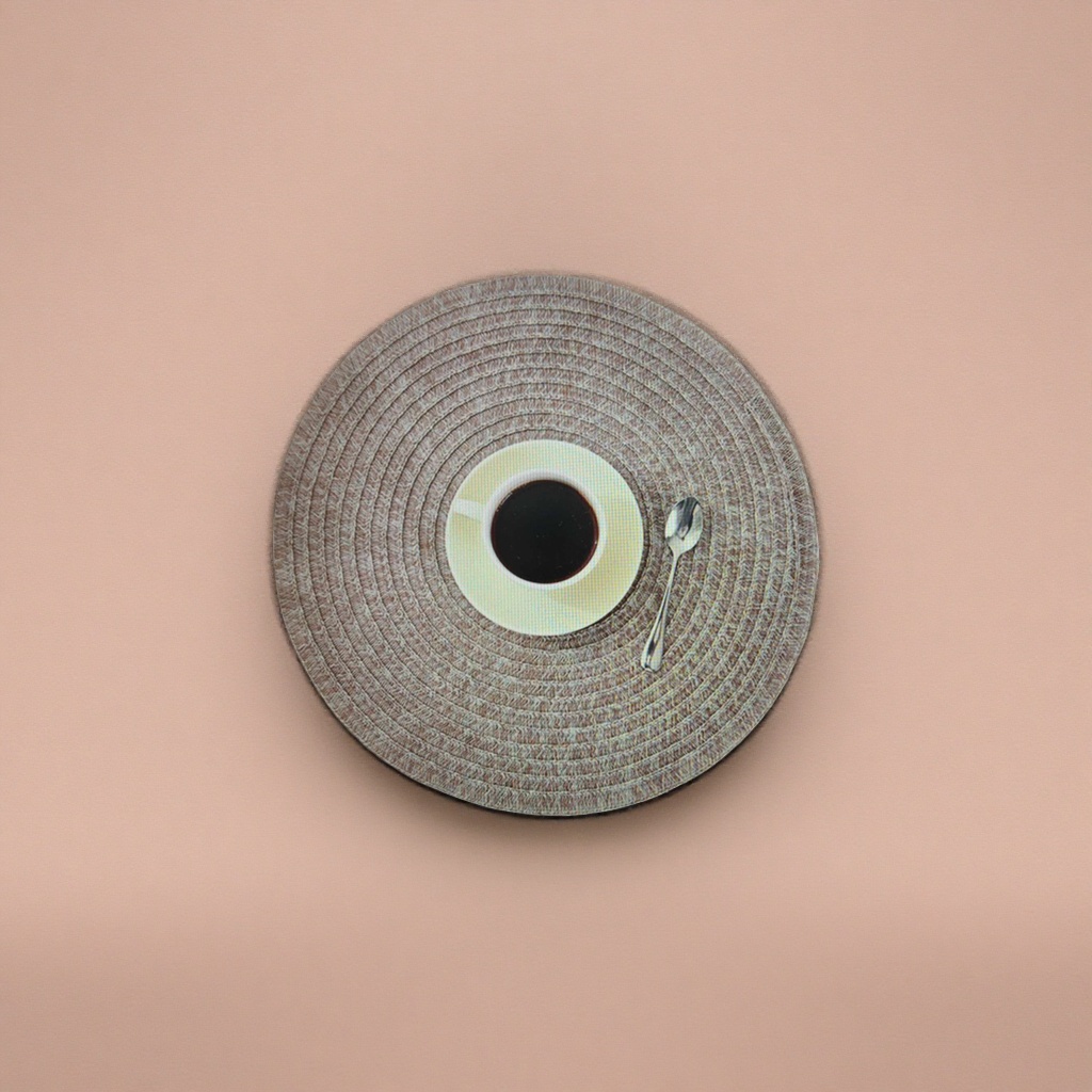Brown woven round placemats with coffee cups, plates and spoons set home dining table decoration items details Picture