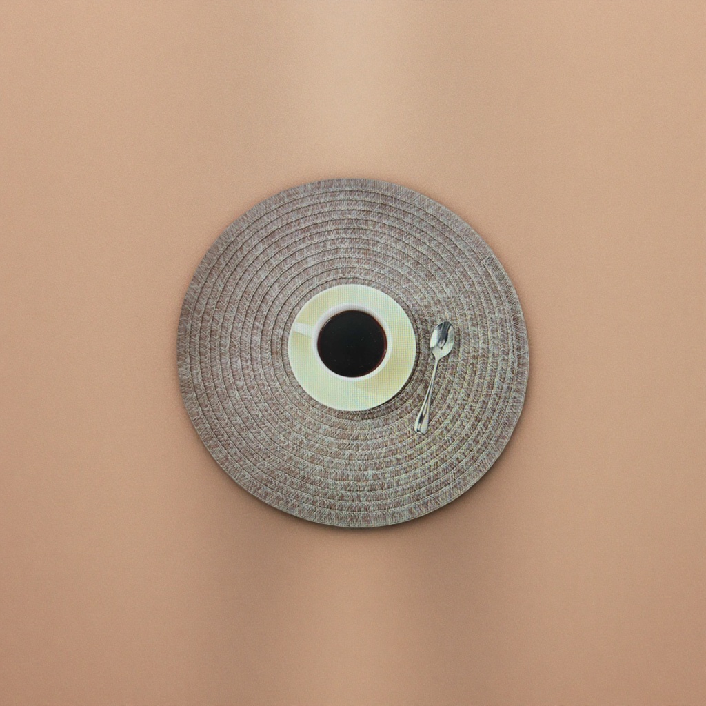 Brown woven round placemats with coffee cups, plates and spoons set home dining table decoration items Specification image