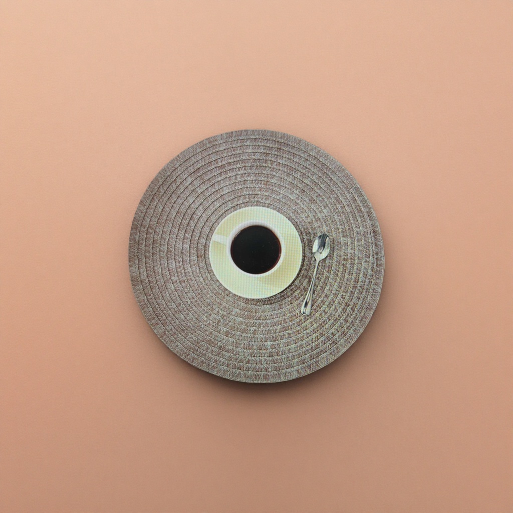Brown woven round placemats with coffee cups, plates and spoons set home dining table decoration items Application Scenario