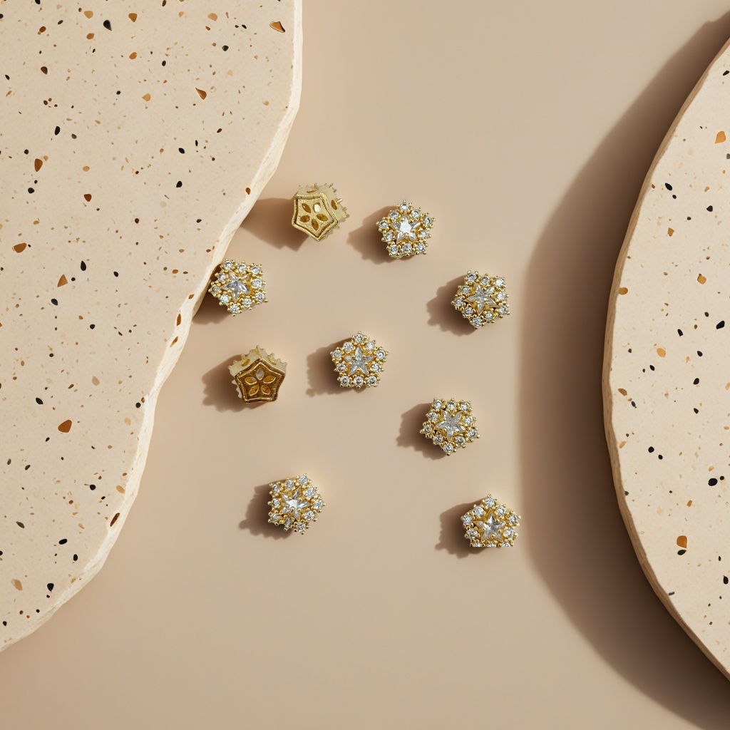 The golden diamond-encrusted snowflaket-shaped jewelry is shiny and elegant. It is a winter accessory and a multi-way accessory Specification image
