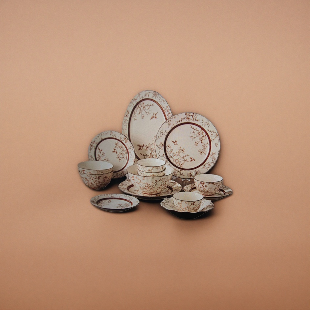 Brown floral patterned ceramic tableware set, a simple home-style combination of bowls, plates, chopsticks and spoons details Picture
