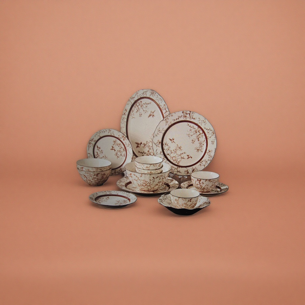 Brown floral patterned ceramic tableware set, a simple home-style combination of bowls, plates, chopsticks and spoons Application Scenario