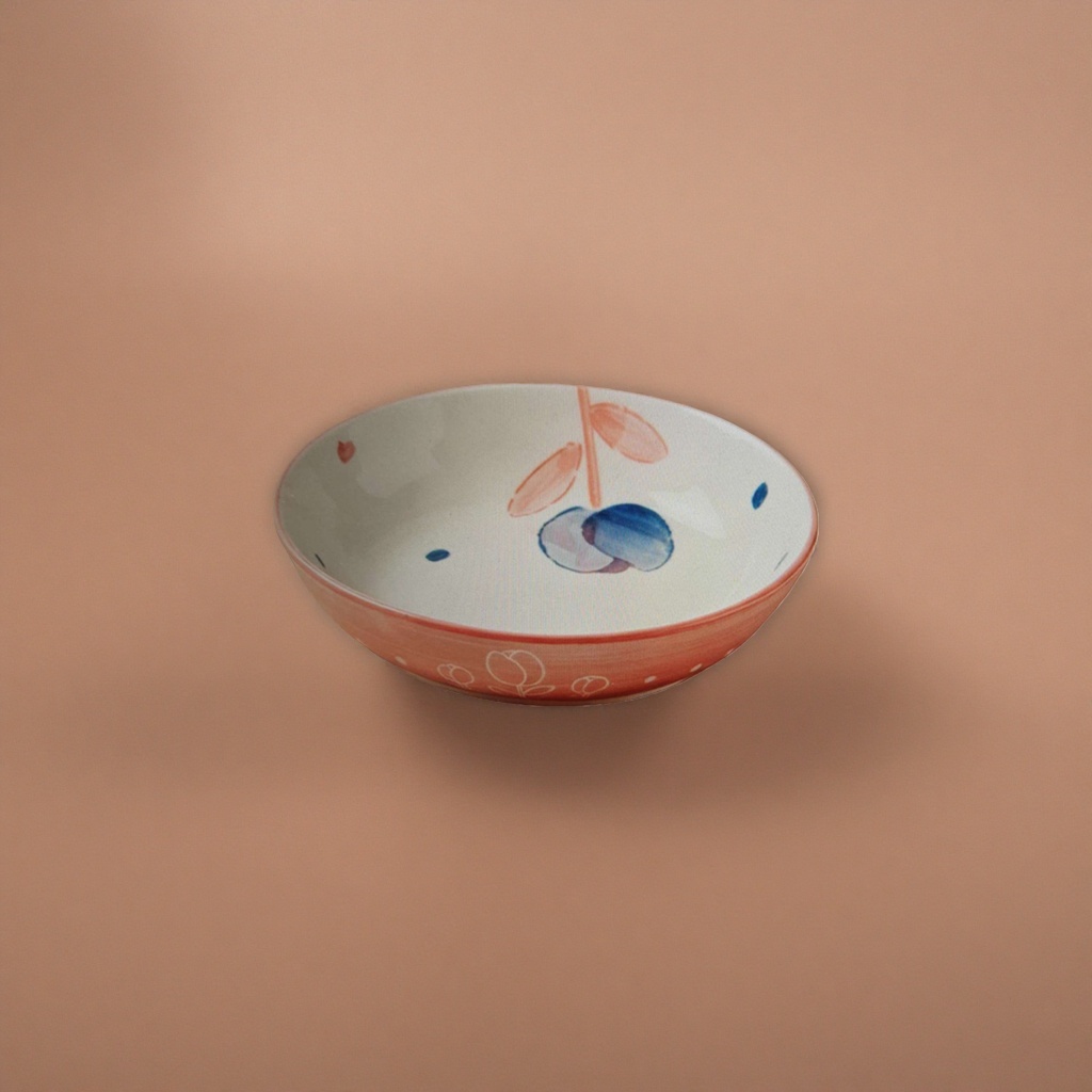The pink ceramic bowl has a blue-red painted inner wall and a white tulip line outer wall Specification image