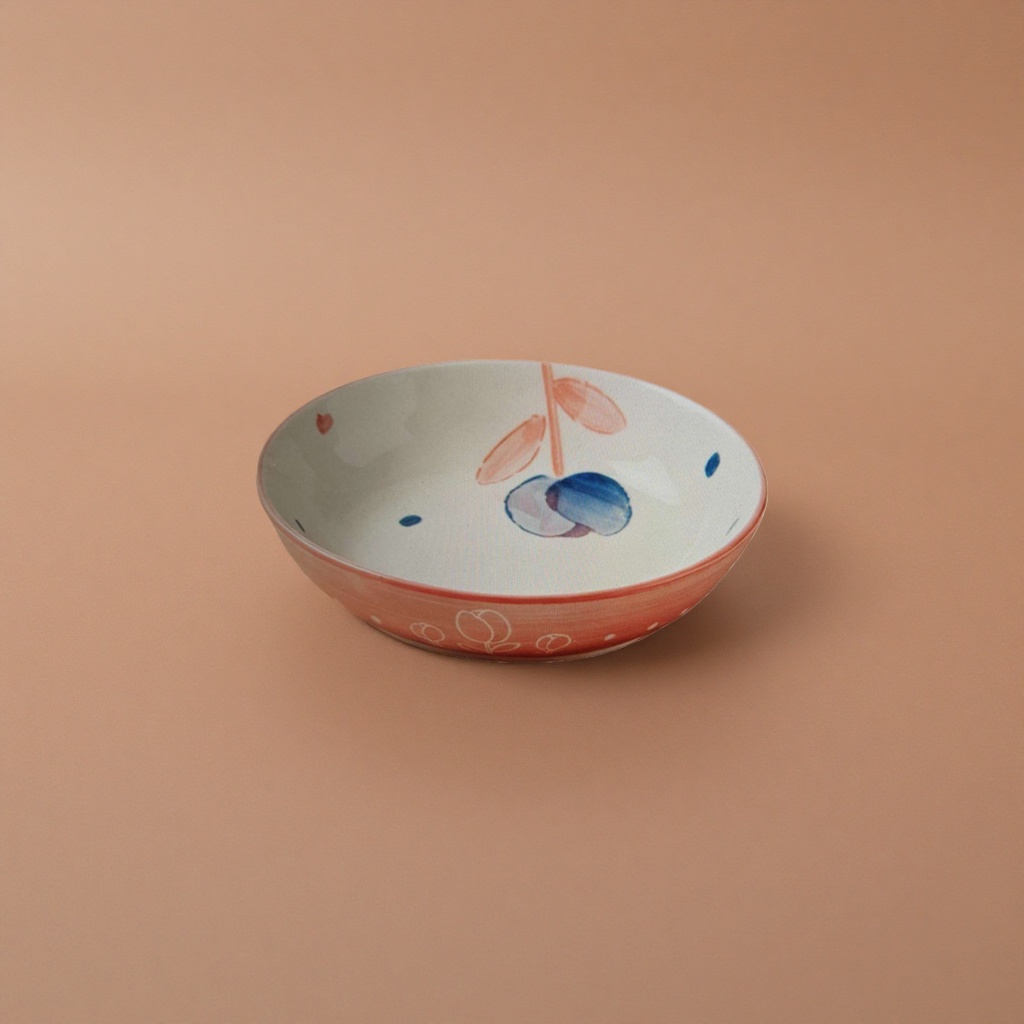 The pink ceramic bowl has a blue-red painted inner wall and a white tulip line outer wall Application Scenario