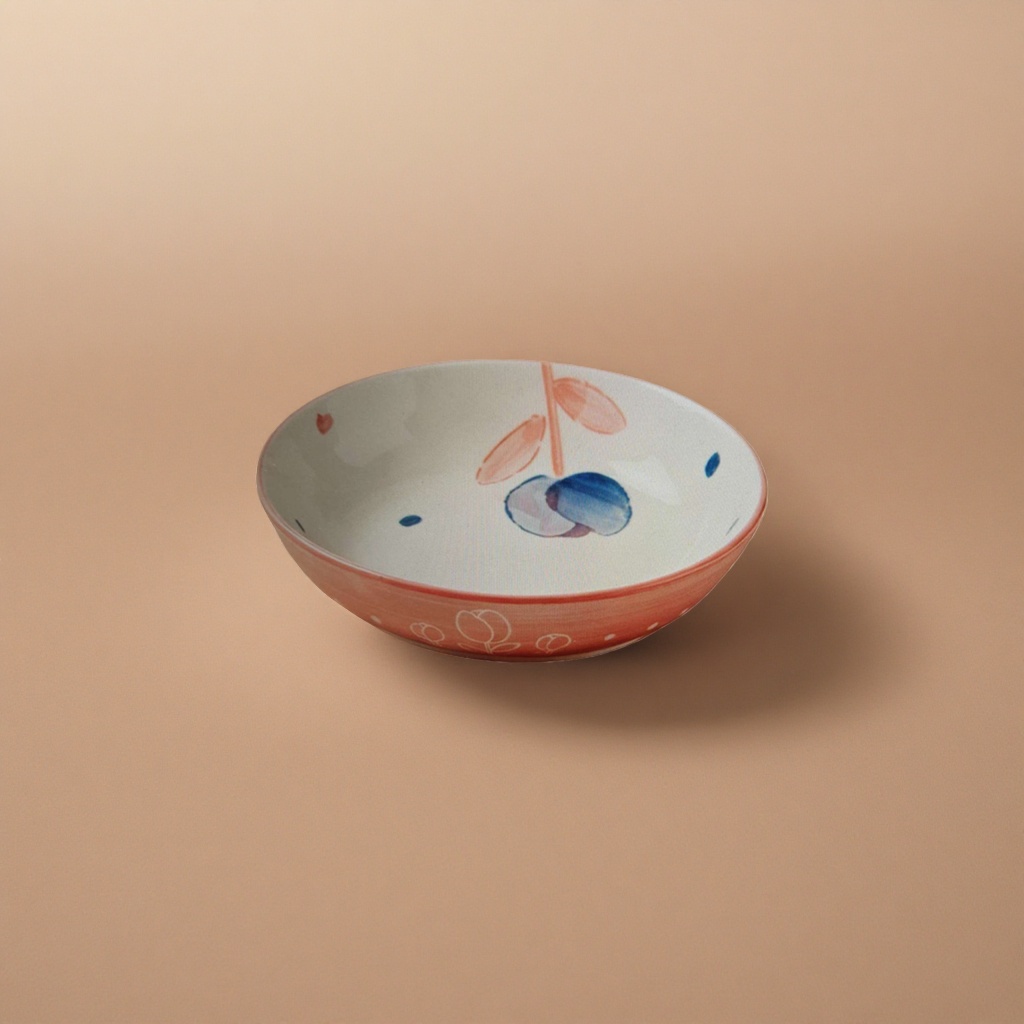 The pink ceramic bowl has a blue-red painted inner wall and a white tulip line outer wall details Picture