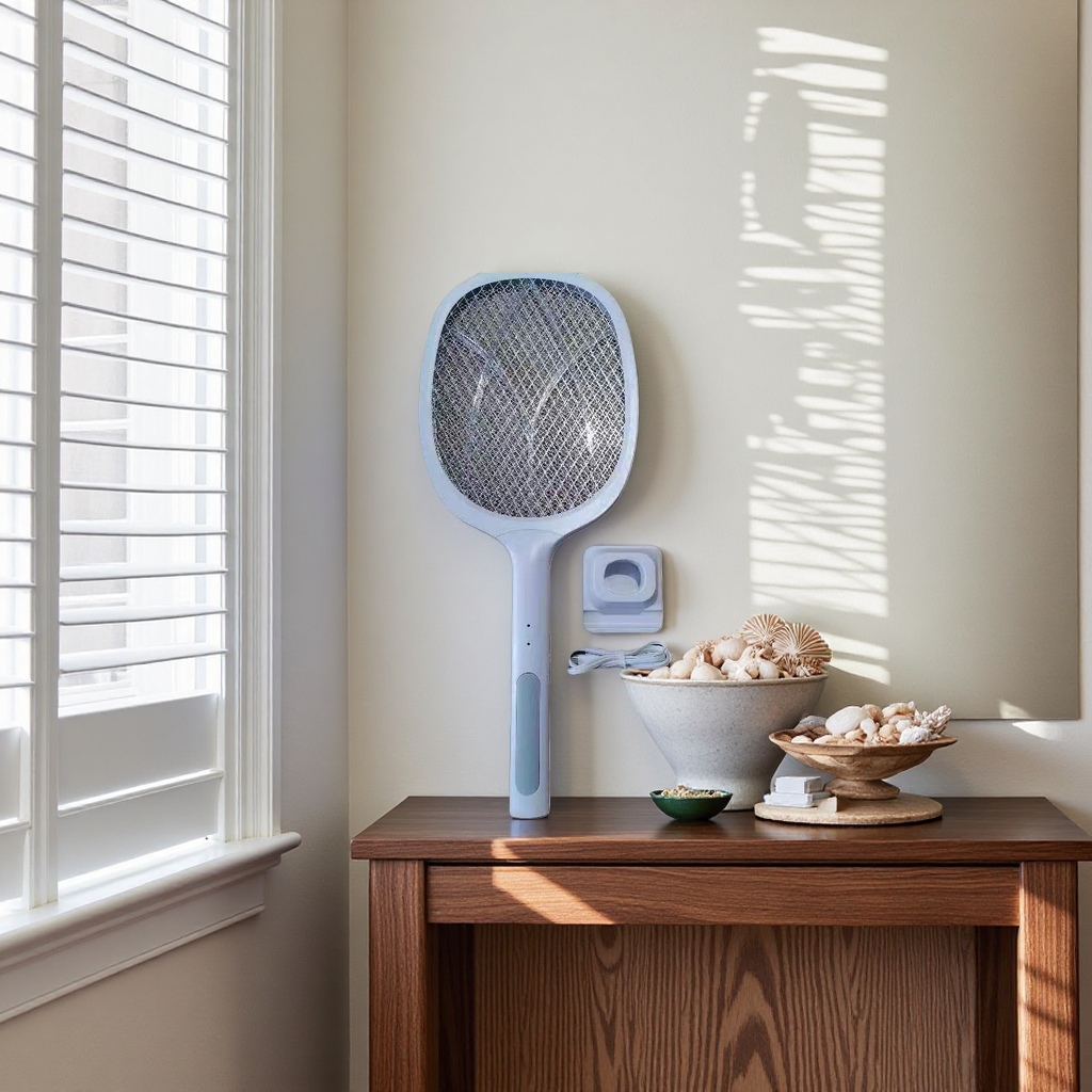 White electric mosquito swatter, household mosquito killer, rechargeable, highly efficient, quiet, safe and environmentally friendly. 3333 Application Scenario