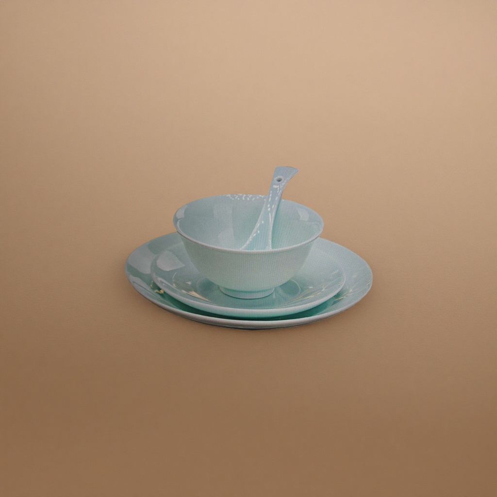 Celadon porcelain bowl with spoon and tray set, Song Dynasty style tea and tableware, simple household porcelain details Picture