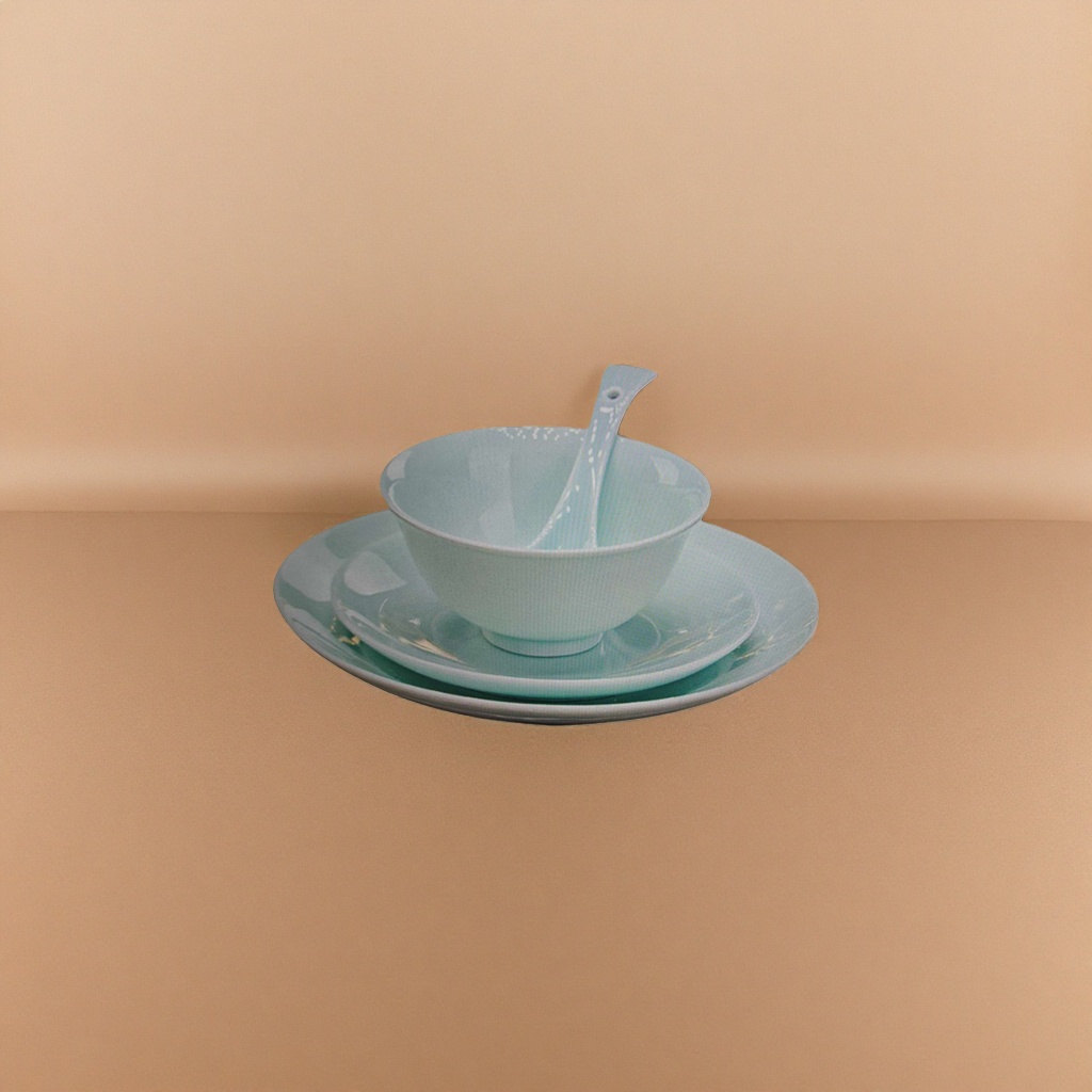 Celadon porcelain bowl with spoon and tray set, Song Dynasty style tea and tableware, simple household porcelain Specification image