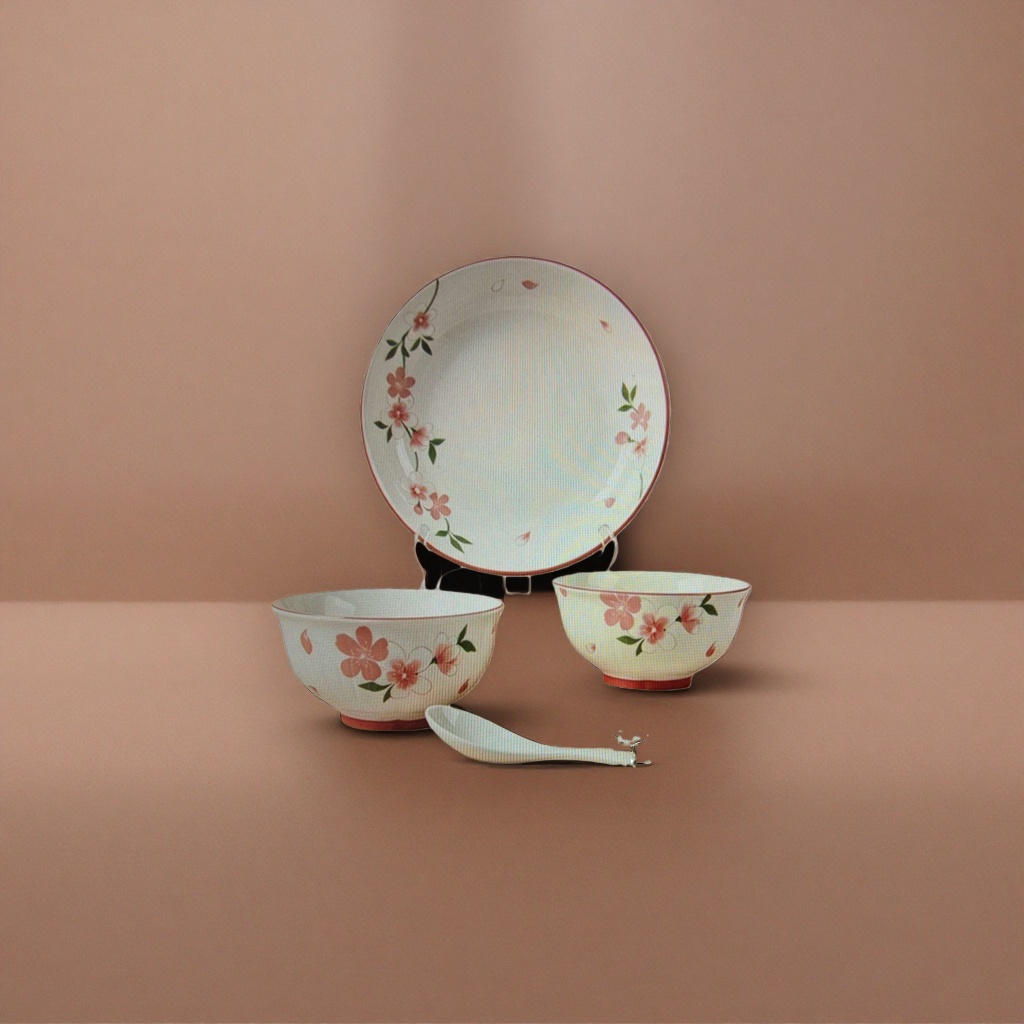 A set of white ceramic tableware with pink flowers, featuring a simple home style of bowls, plates, chopsticks and spoons Specification image