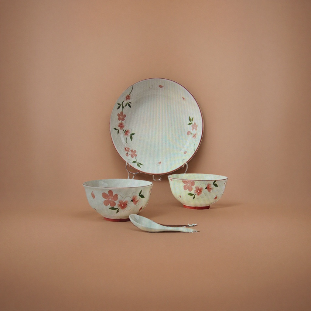 A set of white ceramic tableware with pink flowers, featuring a simple home style of bowls, plates, chopsticks and spoons details Picture