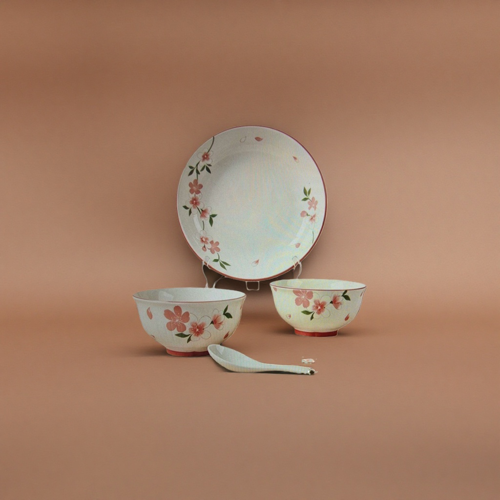 A set of white ceramic tableware with pink flowers, featuring a simple home style of bowls, plates, chopsticks and spoons Application Scenario