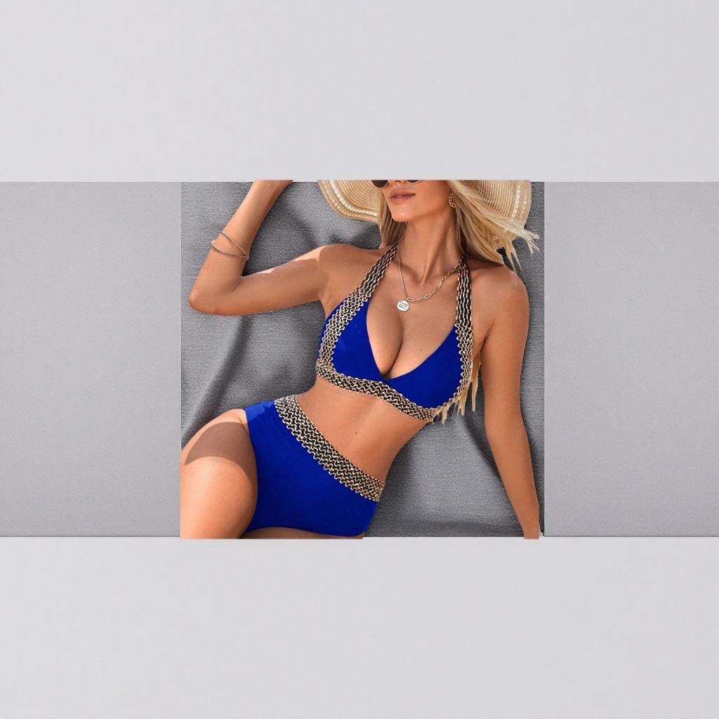 Blue bikini swimsuit for women, high waist, slimming, anti-exposure beach swimming set details Picture