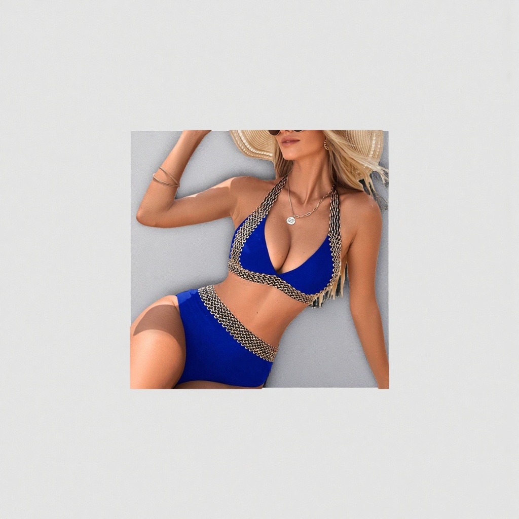 Blue bikini swimsuit for women, high waist, slimming, anti-exposure beach swimming set Specification image