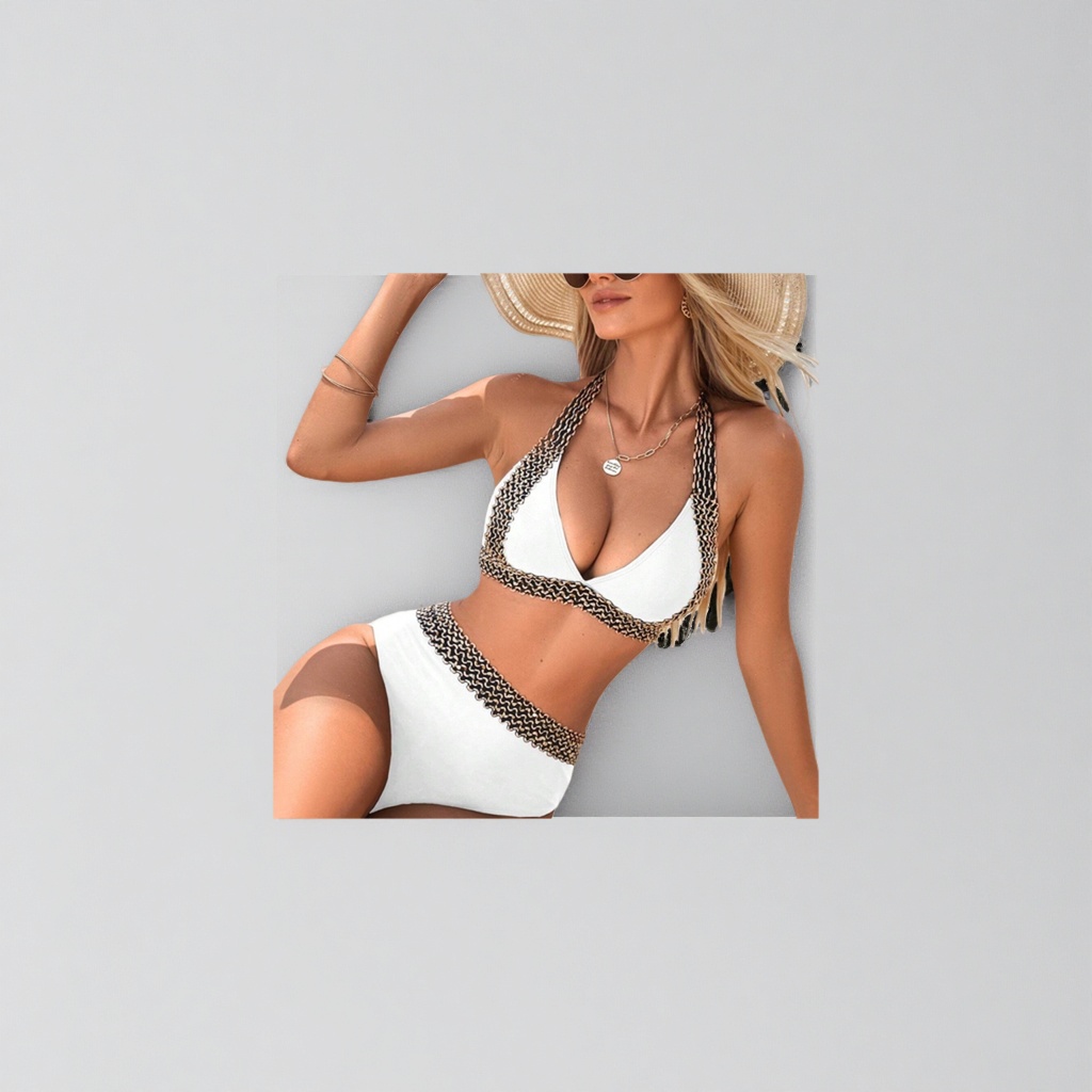 White women's swimsuit with black and gold wavy pattern decoration for slimming and shaping details Picture