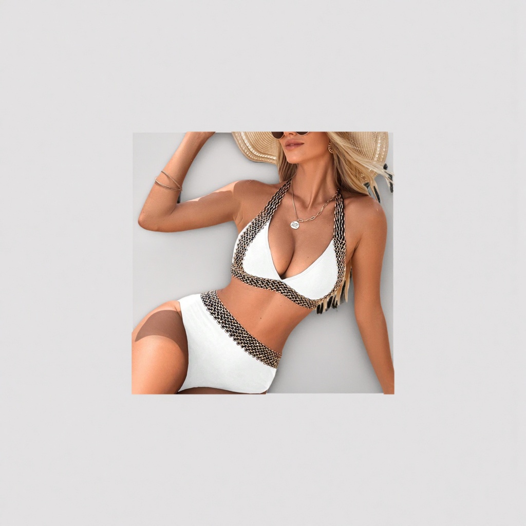 White women's swimsuit with black and gold wavy pattern decoration for slimming and shaping Specification image