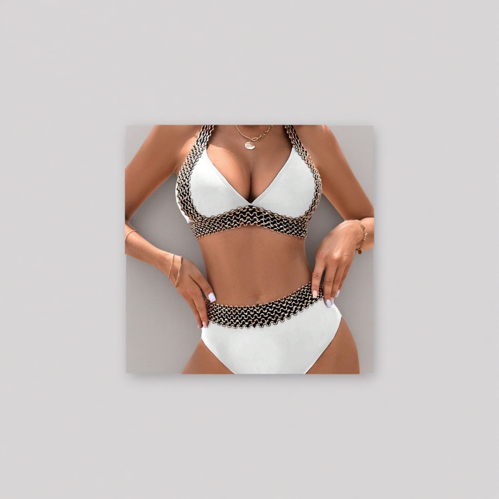 White swimsuit set with black and white wavy trim and golden chain decoration, beach style Application Scenario