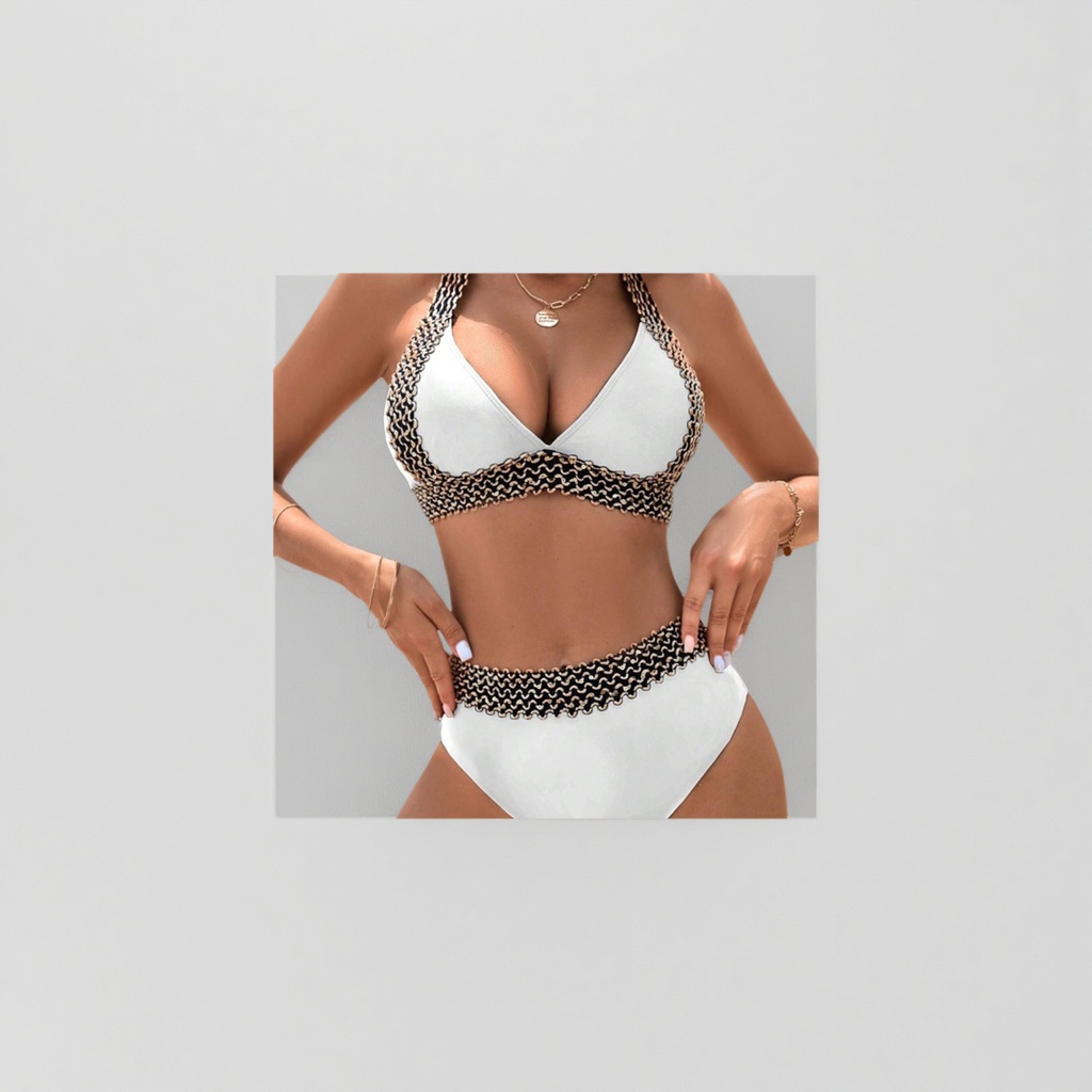 White swimsuit set with black and white wavy trim and golden chain decoration, beach style Specification image