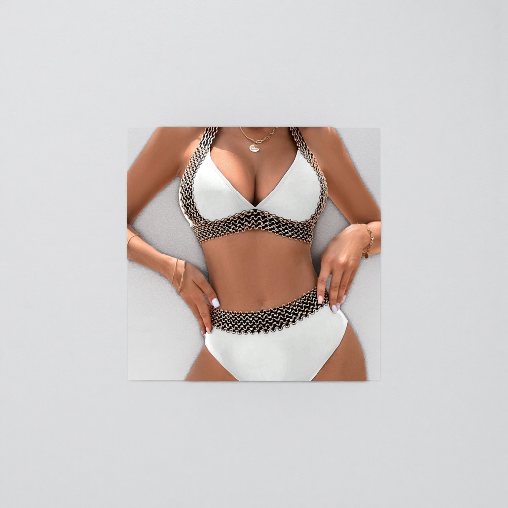 White swimsuit set with black and white wavy trim and golden chain decoration, beach style details Picture
