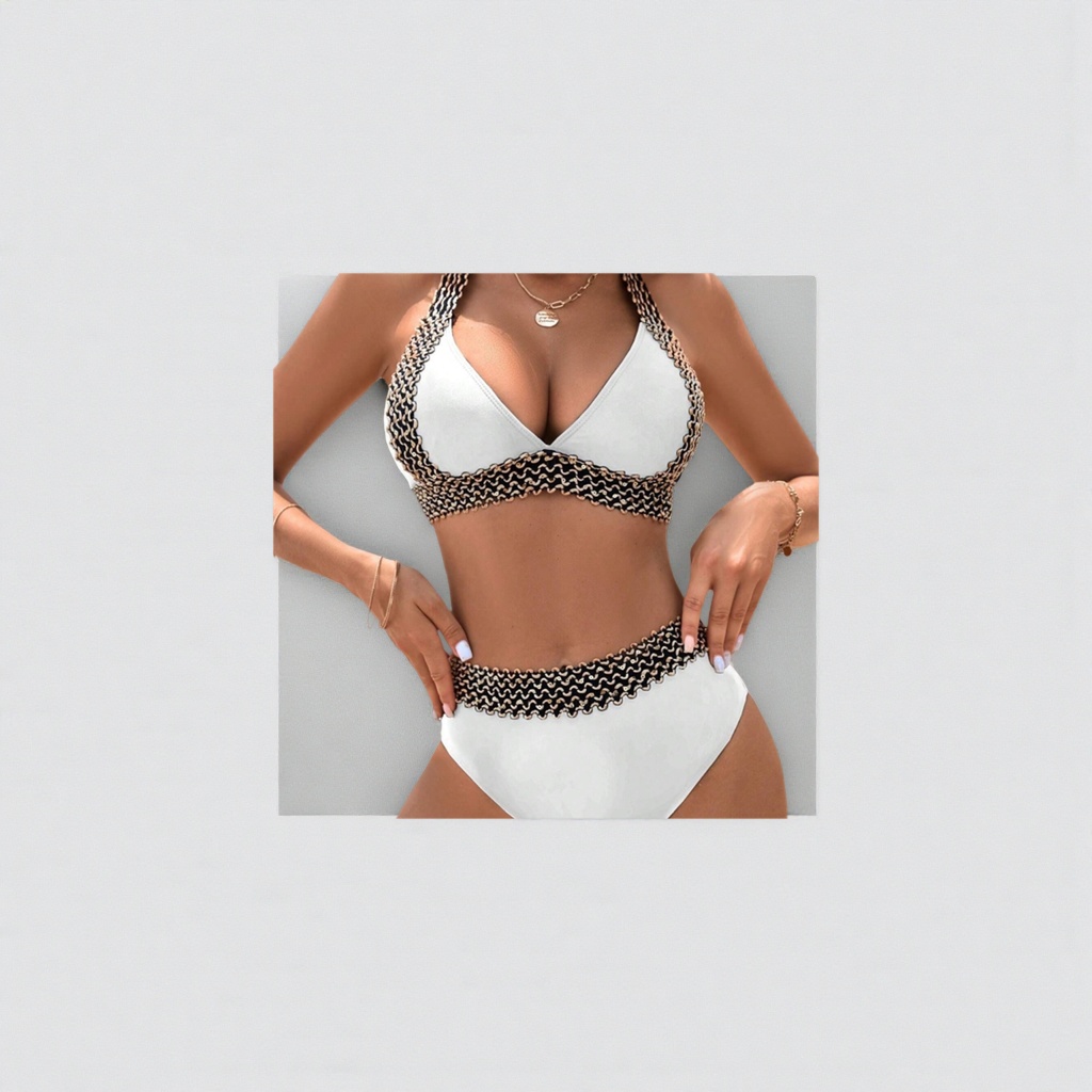 White swimsuit set with black and white wavy trim and golden chain decoration, beach style